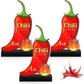 3 Piece Chili Cook Off Trophy Set,Acrylic Chili Pepper Awards for 1st, 2nd, and 3rd Place Prizes,Gold, Silver, and Bronze Chili Festival Decorations