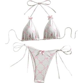 Verdusa Women's 2 Piece Halter Triangle Bathing Suit Self Tied Bikini Swimsuits