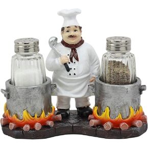 Ebros Bouillon French Chef Jean With Flaming Double Cauldron Pots Salt And Pepper Shakers Holder Figurine For Kitchen Dining Table Hosting Spice Rack Accessories Gift Ideas For Women Men Chefs Cooks