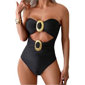 Milumia Women's Metal Ring One Piece Swimsuit Cut Out Strapless Bandeau Bathing Suits