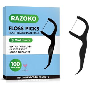 RAZOKO Biodegradable Dental Floss Picks, Charcoal Toothpick Stick Soft On Gum & Teeth, Plant Based Dental Floss Picks for Adults & Kids, 100 Count Mint
