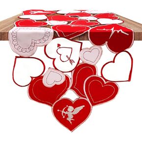 Valentines Day Table Runner with Embroidered Love Heart, Holiday Wedding Anniversary Valentine Table Decor (15.7*68 Inches)