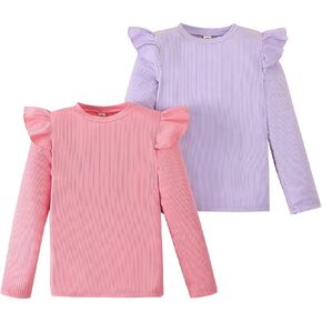 Toddler Girl Shirts Ruffled Long Sleeve Baby Tee Tops, Ribbed Toddler Girl Blouse, Fall Baby Girl Clothes 2-Pack 12M-5T