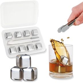 G Francis Beverage Chiller Stones - 8pc فريزر القابل لإعادة الاستخدام ويسكي مكعبات الثلج المصنوعة من الفولاذ المقاوم للصدأ مع ملقط وحاوية
