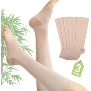 3Pairs Compression Stockings for Women Men 20-30 mmHg Open Toe Compression Socks Knee High Toeless Support for Circulation, Varicose L/XL (Nude)