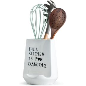 Utensil Holders, 6.7" Ceramic Utensil Crock for Kitchen Counter with Recipe Stand Large Cooking Utensil Organizers White Utensil Caddy Kitchen Decor for Cooking Tool Spatula, White