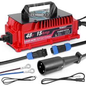 Lead-Acid 48 Volt 15 Amp Golf Cart Battery Charger Compatible with Club Car 3-Pin Round Plug with Ring Terminals