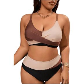 SOLY HUX Women's Plus Size Bathing Suit Color Block Criss Cross Wrap High Waisted Swimsuit Two Piece Bikini Sets