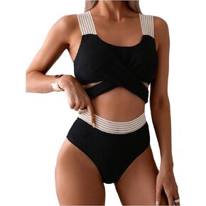 WDIRARA Women's 2 Piece High Waist Cut Out Swimsuit Criss Cross Tie Back Bikini Set in Kuwait