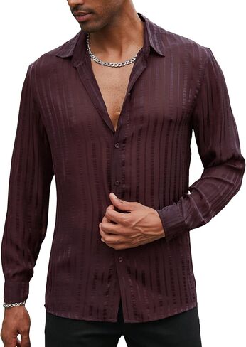 Mens Mesh Shirt Long Sleeve Sheer Mesh Tops See Through Tee Mens Semi-Sheer Satin Striped Casual Button-Down Shirts in Saudi Arabia