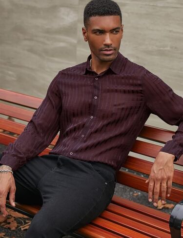 Mens Mesh Shirt Long Sleeve Sheer Mesh Tops See Through Tee Mens Semi-Sheer Satin Striped Casual Button-Down Shirts in Saudi Arabia