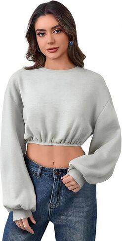 GORGLITTER Women's Bow Back Cropped Sweatshirts Crewneck Long Sleeve Drop Shoulder Crop Pullover Tops in Saudi Arabia