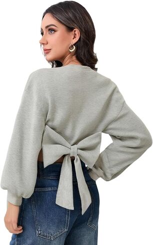 GORGLITTER Women's Bow Back Cropped Sweatshirts Crewneck Long Sleeve Drop Shoulder Crop Pullover Tops in Saudi Arabia