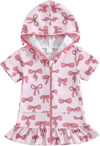 Girls Terry Cloth Swim Cover Up Zip Up Hooded Bathing Suit Coverup Wraps Rufled Kids Pool Beach Robe Cover-Up Dress in Saudi Arabia