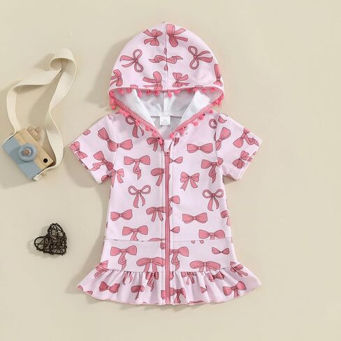 Girls Terry Cloth Swim Cover Up Zip Up Hooded Bathing Suit Coverup Wraps Rufled Kids Pool Beach Robe Cover-Up Dress in Saudi Arabia
