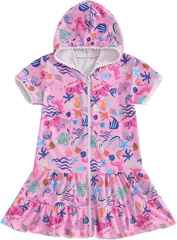 Girls Terry Cloth Swim Cover Up Zip Up Hooded Bathing Suit Coverup Wraps Rufled Kids Pool Beach Robe Cover-Up Dress in Saudi Arabia