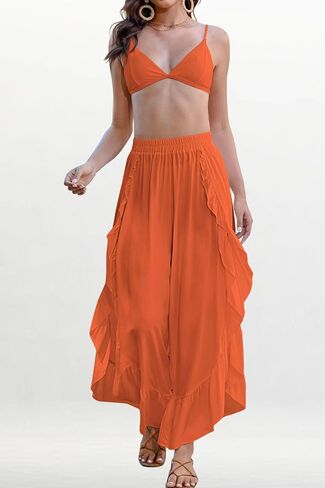 Bsubseach Swim Cover Up Pants for Women Ruffle High Slit Beach Pants Wide Leg Bathing Suit Coverup in Saudi Arabia