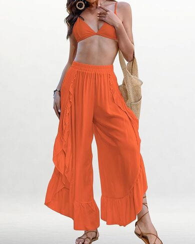 Bsubseach Swim Cover Up Pants for Women Ruffle High Slit Beach Pants Wide Leg Bathing Suit Coverup in Saudi Arabia