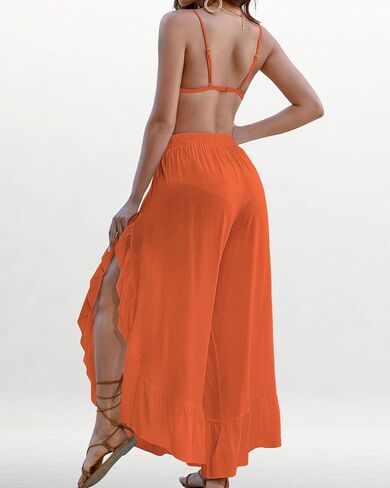 Bsubseach Swim Cover Up Pants for Women Ruffle High Slit Beach Pants Wide Leg Bathing Suit Coverup in Saudi Arabia