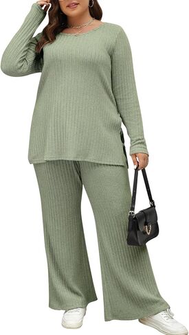 Nemidor Womens Plus Size 2 Piece Fall Outfits Ribbed Knit Top Flare Leg Pants Tracksuits Pajama Sets NEM539 in Saudi Arabia
