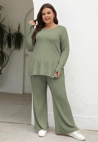 Nemidor Womens Plus Size 2 Piece Fall Outfits Ribbed Knit Top Flare Leg Pants Tracksuits Pajama Sets NEM539 in Saudi Arabia