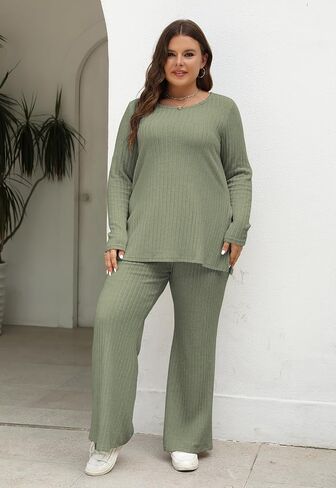 Nemidor Womens Plus Size 2 Piece Fall Outfits Ribbed Knit Top Flare Leg Pants Tracksuits Pajama Sets NEM539 in Saudi Arabia