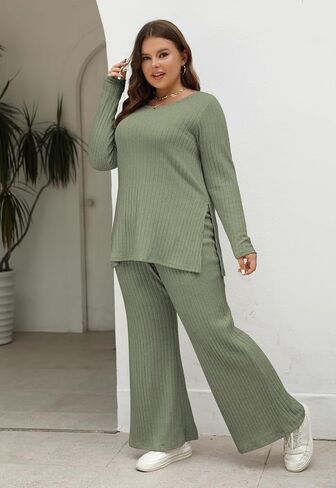 Nemidor Womens Plus Size 2 Piece Fall Outfits Ribbed Knit Top Flare Leg Pants Tracksuits Pajama Sets NEM539 in Saudi Arabia