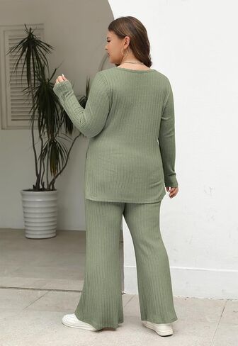 Nemidor Womens Plus Size 2 Piece Fall Outfits Ribbed Knit Top Flare Leg Pants Tracksuits Pajama Sets NEM539 in Saudi Arabia