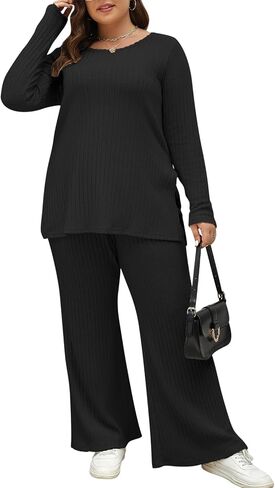 Nemidor Womens Plus Size 2 Piece Fall Outfits Ribbed Knit Top Flare Leg Pants Tracksuits Pajama Sets NEM539 in Saudi Arabia