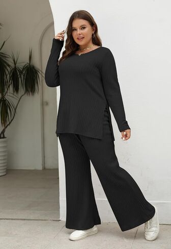 Nemidor Womens Plus Size 2 Piece Fall Outfits Ribbed Knit Top Flare Leg Pants Tracksuits Pajama Sets NEM539 in Saudi Arabia
