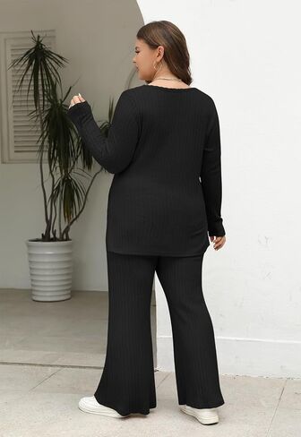 Nemidor Womens Plus Size 2 Piece Fall Outfits Ribbed Knit Top Flare Leg Pants Tracksuits Pajama Sets NEM539 in Saudi Arabia