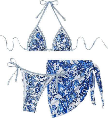 SHENHE Women's 3 Piece Bathing Suit Floral Halter Tie Back Thong Bikini Set with Sarong Cover Ups in Saudi Arabia