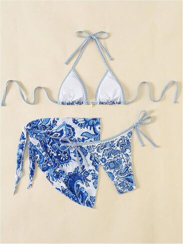 SHENHE Women's 3 Piece Bathing Suit Floral Halter Tie Back Thong Bikini Set with Sarong Cover Ups in Saudi Arabia