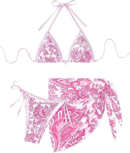 SHENHE Women's 3 Piece Bathing Suit Floral Halter Tie Back Thong Bikini Set with Sarong Cover Ups in Saudi Arabia