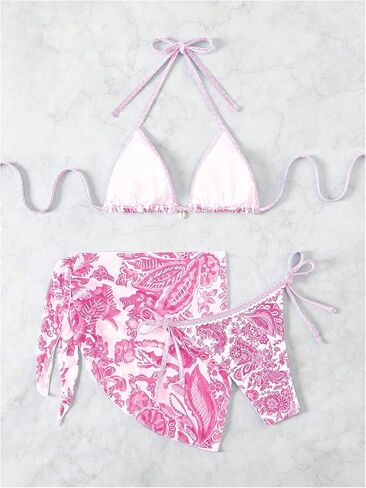 SHENHE Women's 3 Piece Bathing Suit Floral Halter Tie Back Thong Bikini Set with Sarong Cover Ups in Saudi Arabia