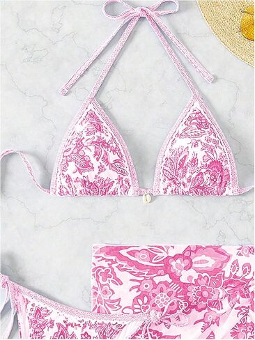 SHENHE Women's 3 Piece Bathing Suit Floral Halter Tie Back Thong Bikini Set with Sarong Cover Ups in Saudi Arabia