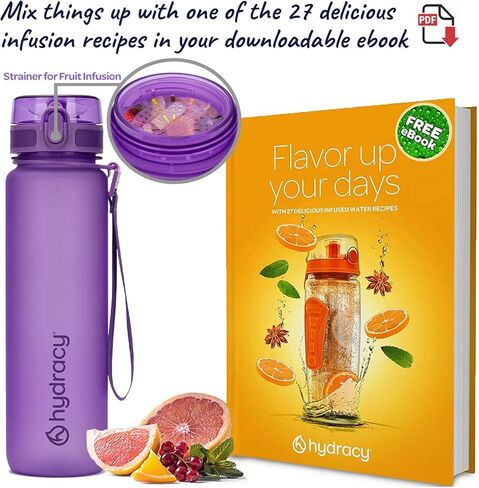 زجاجة ماء Hydracy with shaker ball & time marker -500ml 17oz bpafree bottle bottle -leak propution & no gym gym bottle w/fruit infuser class- gifeal gift for litness ، sports & outdoors -Berry Blue in Kuwait