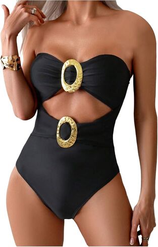 Milumia Women's Metal Ring One Piece Swimsuit Cut Out Strapless Bandeau Bathing Suits in Saudi Arabia