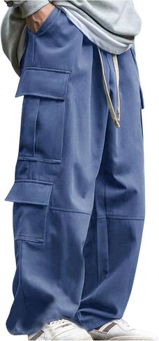Verdusa Men's Baggy Cargo Pants Drawstring Elastic Waist Flap Pockets Loose Pants in Kuwait