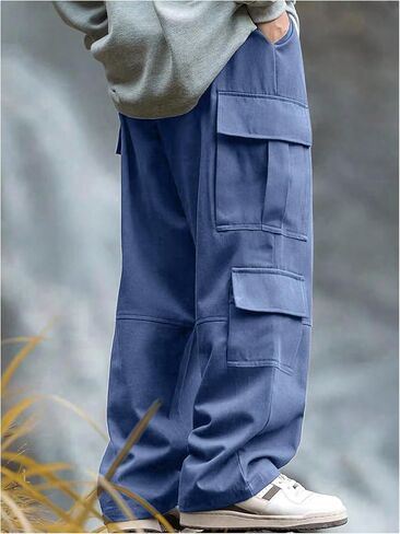 Verdusa Men's Baggy Cargo Pants Drawstring Elastic Waist Flap Pockets Loose Pants in Kuwait
