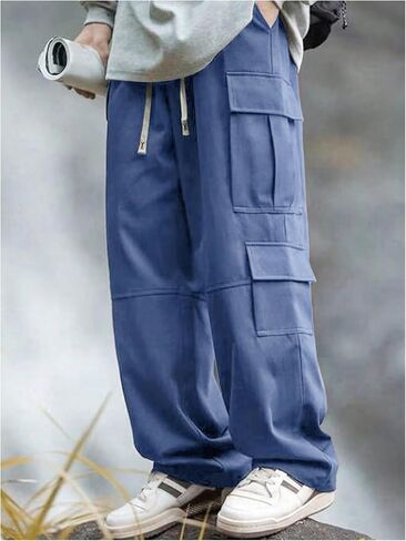 Verdusa Men's Baggy Cargo Pants Drawstring Elastic Waist Flap Pockets Loose Pants in Kuwait