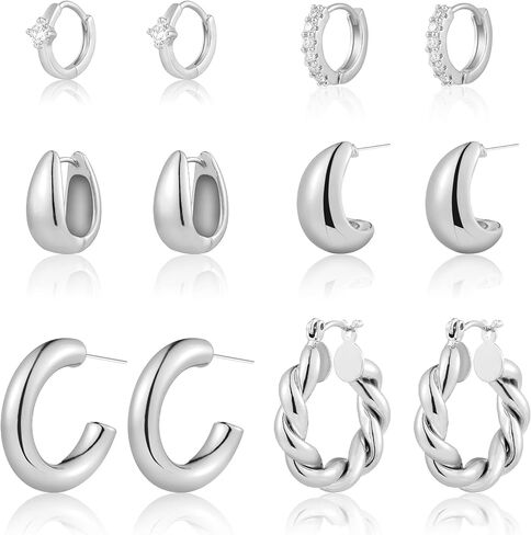 6 Pairs Gold Hoop Earrings for Women, 14K Gold Plated Huggie Hoop Earrings Set Hypoallergenic Lightweight Chunky Open Hoops Jewelry for Gift in Saudi Arabia