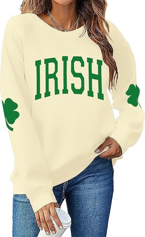 TAOHONG Women St. Patrick's Day Sweatshirts Shamrock Shirt Clover Printed Long Sleeve Irish Gift Casual Loose Fit Tops in Saudi Arabia