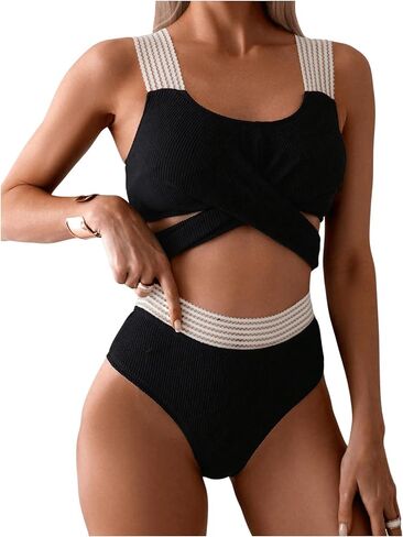 Wdirara Women's 2 قطعة عالية من الخصر قطع ملابس السباحة Criss Cross Tie Bikini in Kuwait