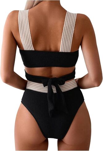 Wdirara Women's 2 قطعة عالية من الخصر قطع ملابس السباحة Criss Cross Tie Bikini in Kuwait