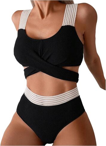 Wdirara Women's 2 قطعة عالية من الخصر قطع ملابس السباحة Criss Cross Tie Bikini in Kuwait