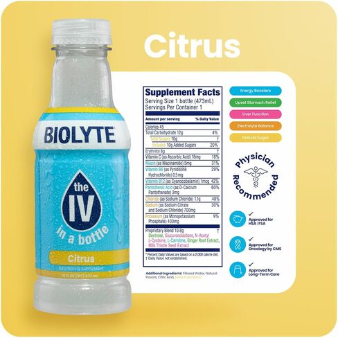 BIOLYTE Electrolyte Drink - Hydration Drink, Medical-Grade Flavored Water with Electrolytes, Sports Drinks, Liquid Energy & Rehydration, IV in a Bottle - Citrus, 16 Fl Oz (12 Pack) in Saudi Arabia