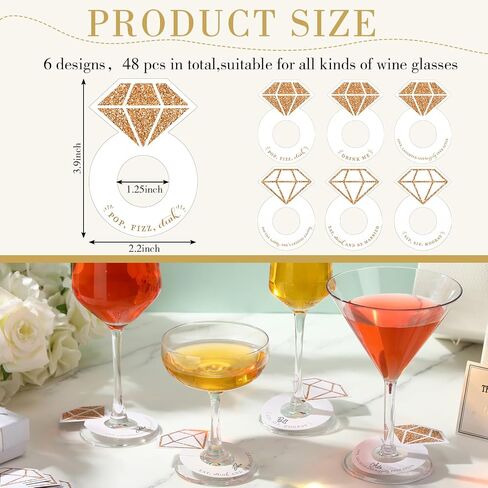 48 Pcs Diamond Ring Wine Glass Markers Wedding Wine Glass Name Tags Wine Charms for Stem Glasses Wine Glass Tags Identifier for Wine Bachelorette Bridal Shower Wedding Bubbly Markers in Saudi Arabia