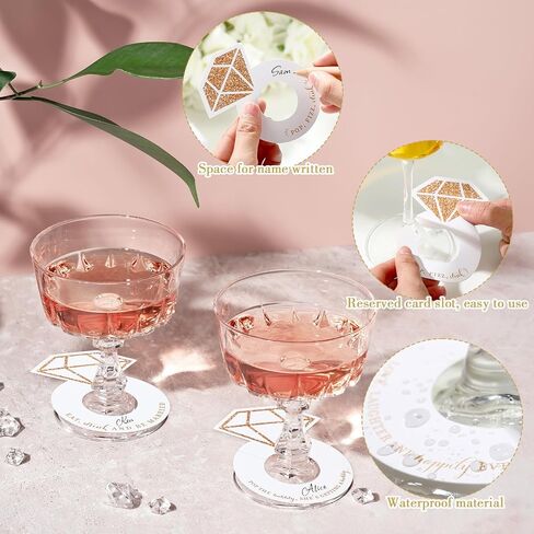 48 Pcs Diamond Ring Wine Glass Markers Wedding Wine Glass Name Tags Wine Charms for Stem Glasses Wine Glass Tags Identifier for Wine Bachelorette Bridal Shower Wedding Bubbly Markers in Saudi Arabia