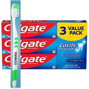3-Pack Cavity Protection Fresh Toothpaste with Fluoride, Regular Flavor, 6oz, (Total 18 oz) Plus 1-Pack ODWIRA Toothbrush for Colgate Toothpaste. in Saudi Arabia
